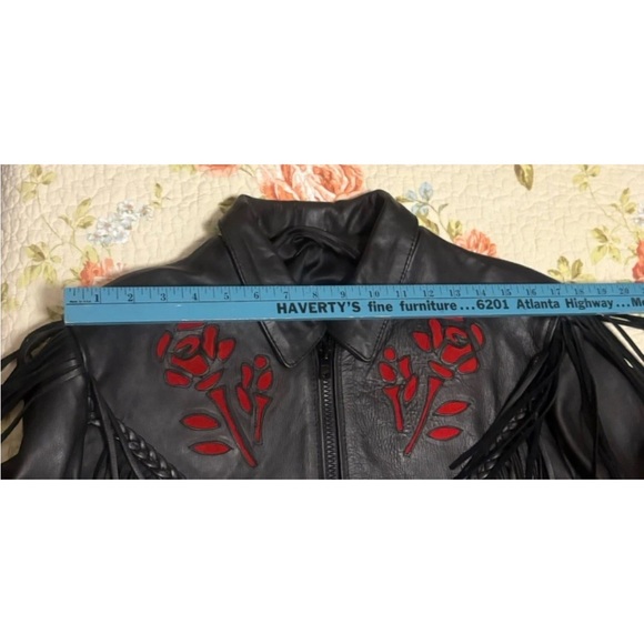 Women’s Black Fringe Leather Biker Motorcycle Jacket Rose Pattern Size Large - Picture 12 of 14